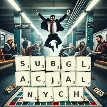 Kreatywna ilustracja do gry w Scrabble ze słowem SUBGLACJALNYCH ułożonym z płytek na planszy.