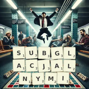 Kreatywna ilustracja do gry w Scrabble ze słowem SUBGLACJALNYMI ułożonym z płytek na planszy.