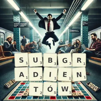 Kreatywna ilustracja do gry w Scrabble ze słowem SUBGRADIENTÓW ułożonym z płytek na planszy.