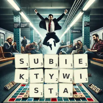 Kreatywna ilustracja do gry w Scrabble ze słowem SUBIEKTYWISTA ułożonym z płytek na planszy.