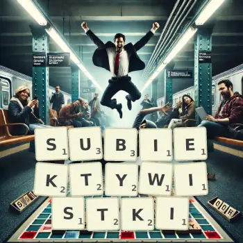 Kreatywna ilustracja do gry w Scrabble ze słowem SUBIEKTYWISTKI ułożonym z płytek na planszy.