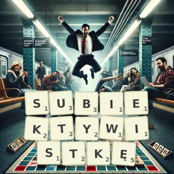 Kreatywna ilustracja do gry w Scrabble ze słowem SUBIEKTYWISTKĘ ułożonym z płytek na planszy.