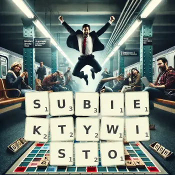 Kreatywna ilustracja do gry w Scrabble ze słowem SUBIEKTYWISTO ułożonym z płytek na planszy.