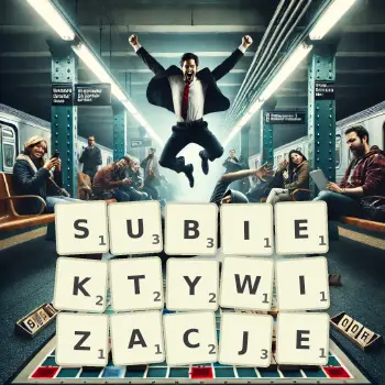 Kreatywna ilustracja do gry w Scrabble ze słowem SUBIEKTYWIZACJE ułożonym z płytek na planszy.