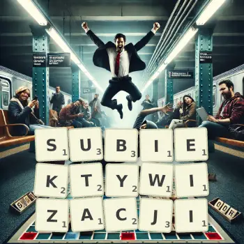 Kreatywna ilustracja do gry w Scrabble ze słowem SUBIEKTYWIZACJI ułożonym z płytek na planszy.