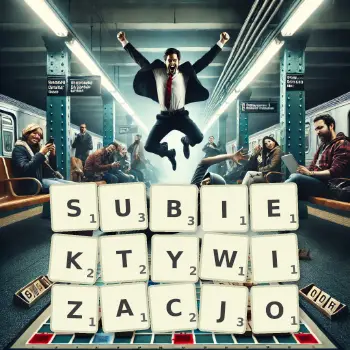 Kreatywna ilustracja do gry w Scrabble ze słowem SUBIEKTYWIZACJO ułożonym z płytek na planszy.