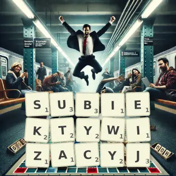 Kreatywna ilustracja do gry w Scrabble ze słowem SUBIEKTYWIZACYJ ułożonym z płytek na planszy.