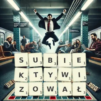 Kreatywna ilustracja do gry w Scrabble ze słowem SUBIEKTYWIZOWAŁ ułożonym z płytek na planszy.