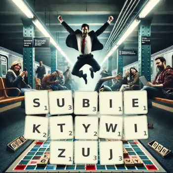 Kreatywna ilustracja do gry w Scrabble ze słowem SUBIEKTYWIZUJ ułożonym z płytek na planszy.