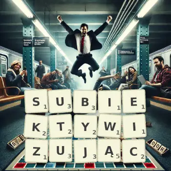 Kreatywna ilustracja do gry w Scrabble ze słowem SUBIEKTYWIZUJĄC ułożonym z płytek na planszy.