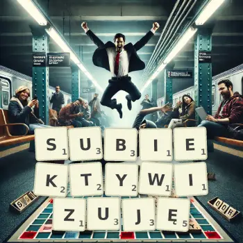 Kreatywna ilustracja do gry w Scrabble ze słowem SUBIEKTYWIZUJĘ ułożonym z płytek na planszy.