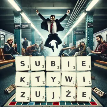 Kreatywna ilustracja do gry w Scrabble ze słowem SUBIEKTYWIZUJŻE ułożonym z płytek na planszy.