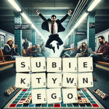 Kreatywna ilustracja do gry w Scrabble ze słowem SUBIEKTYWNEGO ułożonym z płytek na planszy.