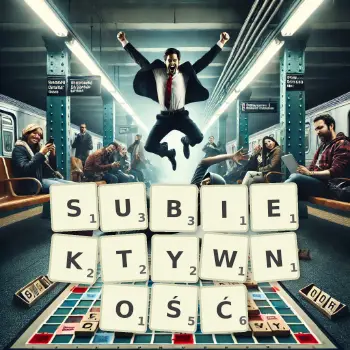 Kreatywna ilustracja do gry w Scrabble ze słowem SUBIEKTYWNOŚĆ ułożonym z płytek na planszy.