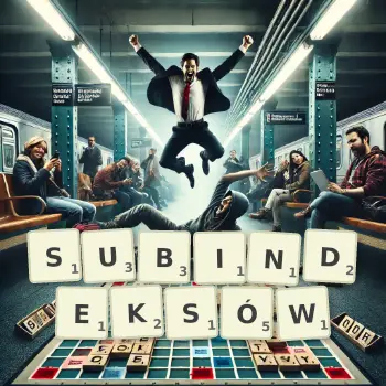 Kreatywna ilustracja do gry w Scrabble ze słowem SUBINDEKSÓW ułożonym z płytek na planszy.