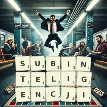 Kreatywna ilustracja do gry w Scrabble ze słowem SUBINTELIGENCJI ułożonym z płytek na planszy.