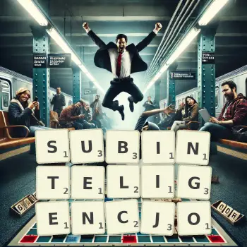 Kreatywna ilustracja do gry w Scrabble ze słowem SUBINTELIGENCJO ułożonym z płytek na planszy.