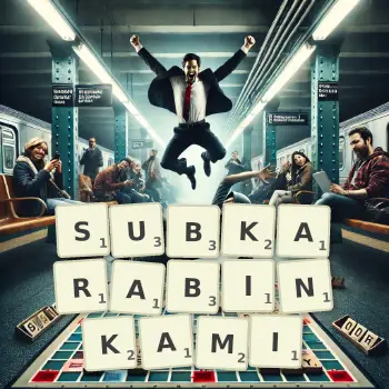 Kreatywna ilustracja do gry w Scrabble ze słowem SUBKARABINKAMI ułożonym z płytek na planszy.