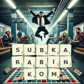 Kreatywna ilustracja do gry w Scrabble ze słowem SUBKARABINKOM ułożonym z płytek na planszy.