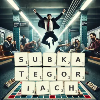 Kreatywna ilustracja do gry w Scrabble ze słowem SUBKATEGORIACH ułożonym z płytek na planszy.