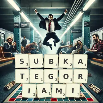 Kreatywna ilustracja do gry w Scrabble ze słowem SUBKATEGORIAMI ułożonym z płytek na planszy.