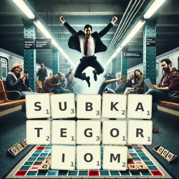 Kreatywna ilustracja do gry w Scrabble ze słowem SUBKATEGORIOM ułożonym z płytek na planszy.