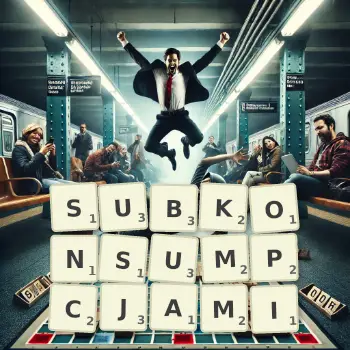 Kreatywna ilustracja do gry w Scrabble ze słowem SUBKONSUMPCJAMI ułożonym z płytek na planszy.