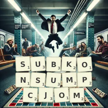 Kreatywna ilustracja do gry w Scrabble ze słowem SUBKONSUMPCJOM ułożonym z płytek na planszy.