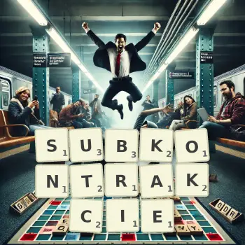 Kreatywna ilustracja do gry w Scrabble ze słowem SUBKONTRAKCIE ułożonym z płytek na planszy.