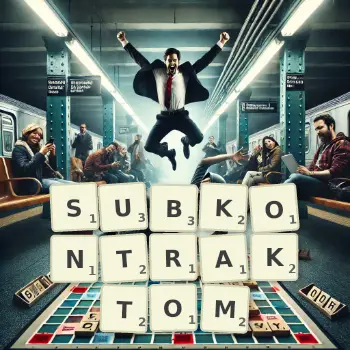 Kreatywna ilustracja do gry w Scrabble ze słowem SUBKONTRAKTOM ułożonym z płytek na planszy.