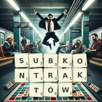 Kreatywna ilustracja do gry w Scrabble ze słowem SUBKONTRAKTÓW ułożonym z płytek na planszy.