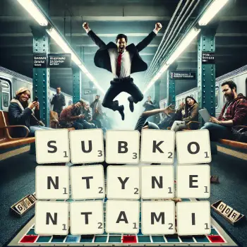 Kreatywna ilustracja do gry w Scrabble ze słowem SUBKONTYNENTAMI ułożonym z płytek na planszy.