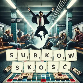 Kreatywna ilustracja do gry w Scrabble ze słowem SUBKOWSKOŚĆ ułożonym z płytek na planszy.