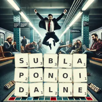 Kreatywna ilustracja do gry w Scrabble ze słowem SUBLAPONOIDALNE ułożonym z płytek na planszy.