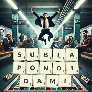 Kreatywna ilustracja do gry w Scrabble ze słowem SUBLAPONOIDAMI ułożonym z płytek na planszy.