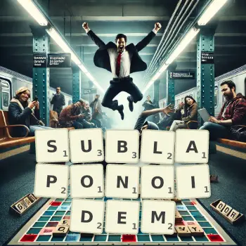 Kreatywna ilustracja do gry w Scrabble ze słowem SUBLAPONOIDEM ułożonym z płytek na planszy.