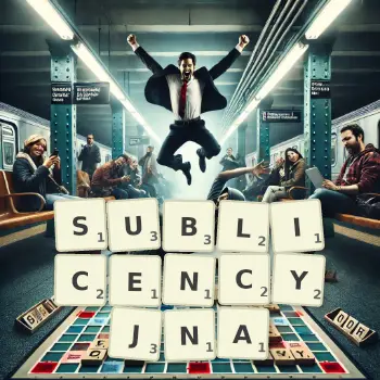 Kreatywna ilustracja do gry w Scrabble ze słowem SUBLICENCYJNA ułożonym z płytek na planszy.