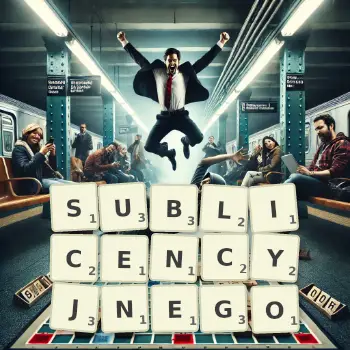 Kreatywna ilustracja do gry w Scrabble ze słowem SUBLICENCYJNEGO ułożonym z płytek na planszy.