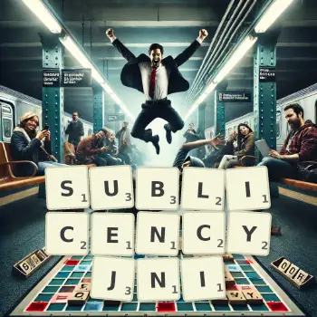 Kreatywna ilustracja do gry w Scrabble ze słowem SUBLICENCYJNI ułożonym z płytek na planszy.