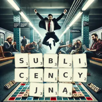 Kreatywna ilustracja do gry w Scrabble ze słowem SUBLICENCYJNĄ ułożonym z płytek na planszy.