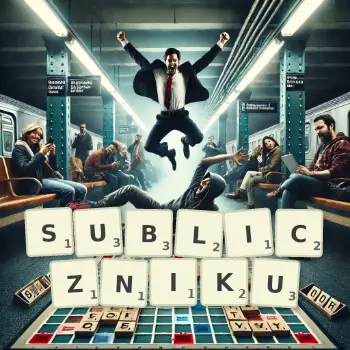 Kreatywna ilustracja do gry w Scrabble ze słowem SUBLICZNIKU ułożonym z płytek na planszy.