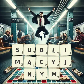 Kreatywna ilustracja do gry w Scrabble ze słowem SUBLIMACYJNYM ułożonym z płytek na planszy.
