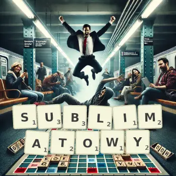 Kreatywna ilustracja do gry w Scrabble ze słowem SUBLIMATOWY ułożonym z płytek na planszy.