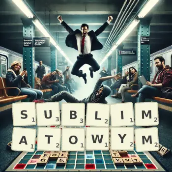 Kreatywna ilustracja do gry w Scrabble ze słowem SUBLIMATOWYM ułożonym z płytek na planszy.