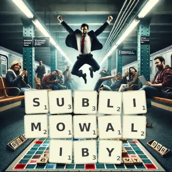 Kreatywna ilustracja do gry w Scrabble ze słowem SUBLIMOWALIBY ułożonym z płytek na planszy.