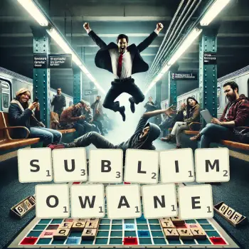 Kreatywna ilustracja do gry w Scrabble ze słowem SUBLIMOWANE ułożonym z płytek na planszy.