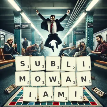 Kreatywna ilustracja do gry w Scrabble ze słowem SUBLIMOWANIAMI ułożonym z płytek na planszy.