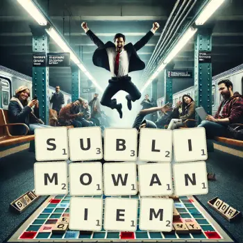 Kreatywna ilustracja do gry w Scrabble ze słowem SUBLIMOWANIEM ułożonym z płytek na planszy.