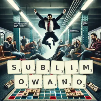 Kreatywna ilustracja do gry w Scrabble ze słowem SUBLIMOWANO ułożonym z płytek na planszy.