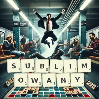 Kreatywna ilustracja do gry w Scrabble ze słowem SUBLIMOWANY ułożonym z płytek na planszy.